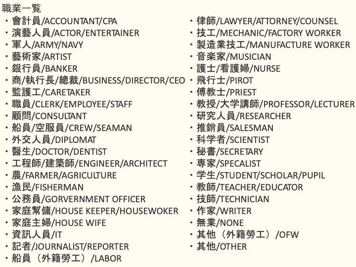 オンライン入国カード申請フォーム３ページ目の職業一覧