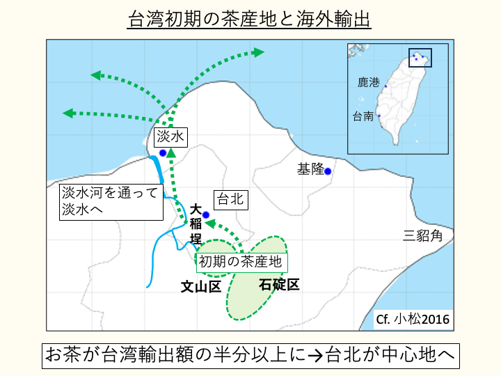 小松2016[27]によると、台湾初期の茶産地は石碇区と文山区とされる。ここでは、茶が淡水港から輸出される際に、茶の栽培地（石碇区と文山区）から台北の大稲埕を経由し、淡水河を使って運ばれていたを模式図で示した