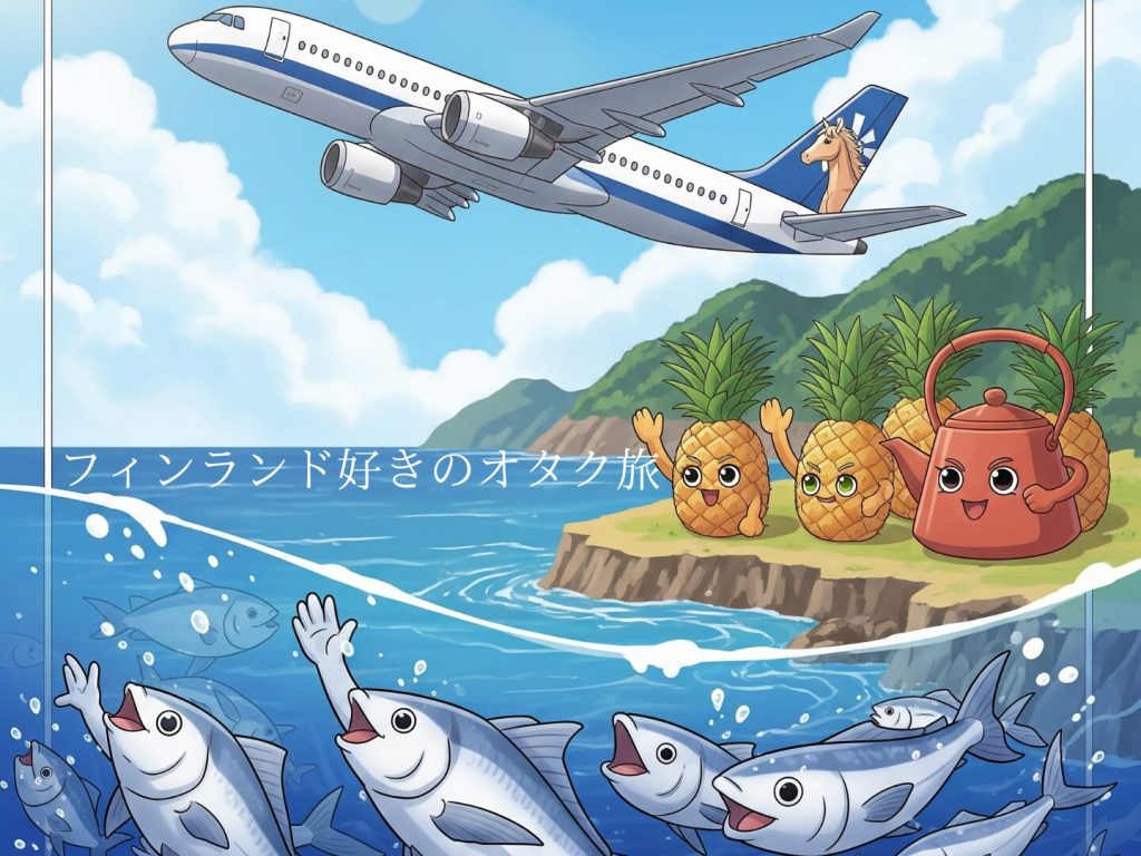 パイナップル、サバヒー、茶壺が飛行機を見送っている