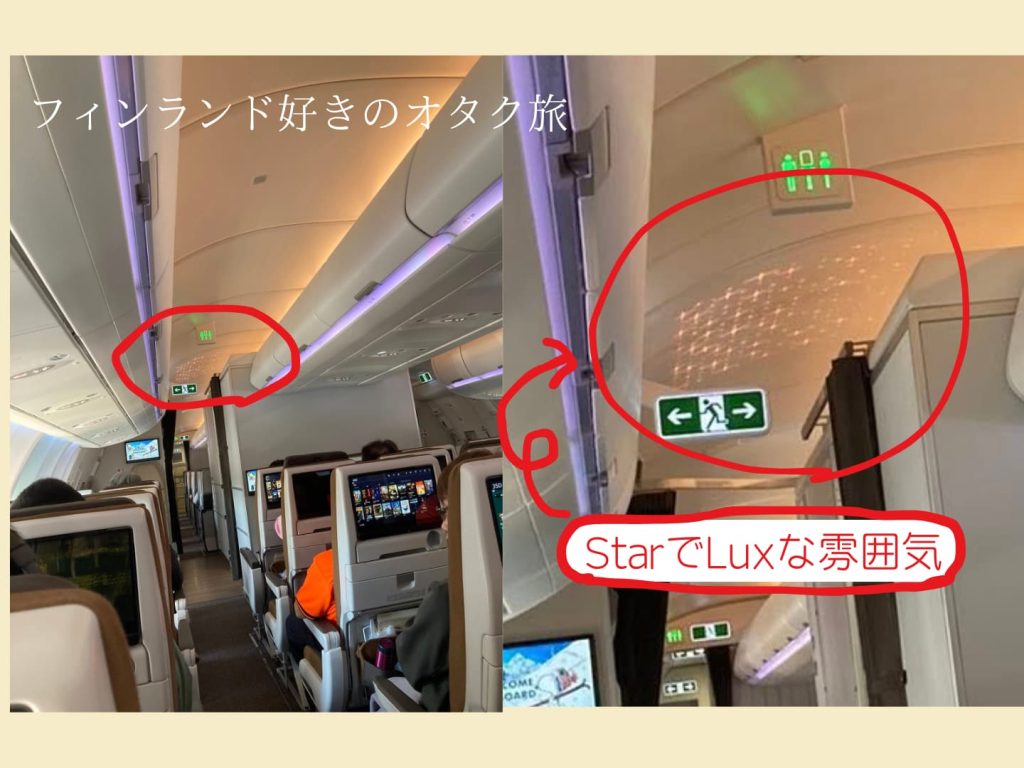 Starluxのトイレの前の天井には光で星が描かれている。Starでluxな雰囲気。