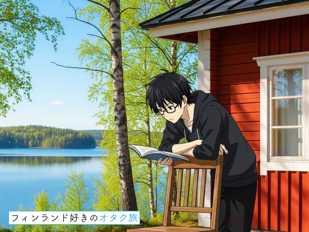 Gemini生成のフィンランドのコテージの前で椅子に寄りかかってフィンランド語を勉強する大学生