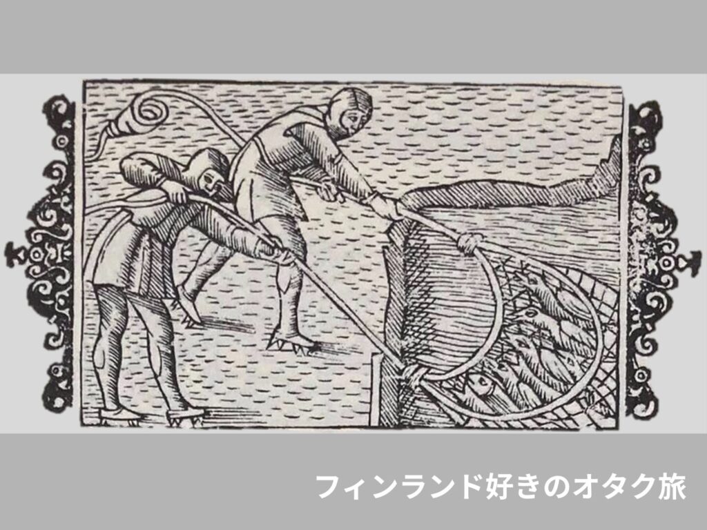 北方民族文化誌の挿絵。漁師が越冬中のツバメを網で引くところ