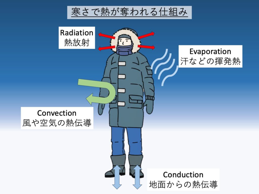 冬の寒さで熱が奪われる仕組み（図解）。Geminiによって作成された画像を加工