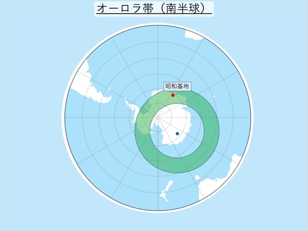 南半球のオーロラ帯。図はイメージです。実際のオーロラ帯は綺麗な円を描きません。